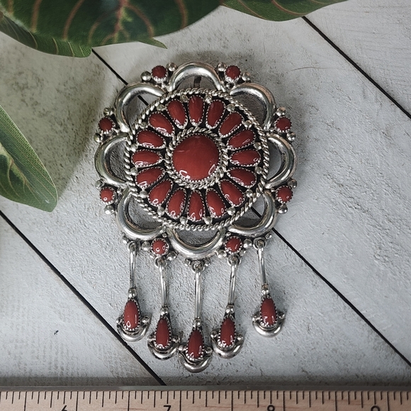 Lorraine Waatsa, Zuni Artist, Sterling and Mediterranean Coral Cluster Pendant - Picture 10 of 12